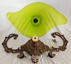 Vintage Art Nouveau Green Glass Pedestal Bowl Loetz Style Metal Base Large 20x12