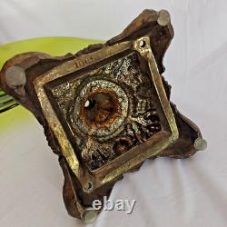 Vintage Art Nouveau Green Glass Pedestal Bowl Loetz Style Metal Base Large 20x12