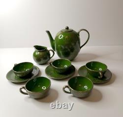Vintage Art Nouveau Green Silver Overlay Tea Set Lattice Leaves Earthenware READ