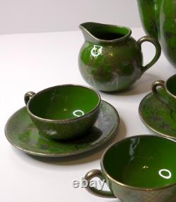 Vintage Art Nouveau Green Silver Overlay Tea Set Lattice Leaves Earthenware READ