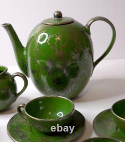 Vintage Art Nouveau Green Silver Overlay Tea Set Lattice Leaves Earthenware READ