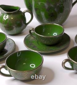 Vintage Art Nouveau Green Silver Overlay Tea Set Lattice Leaves Earthenware READ