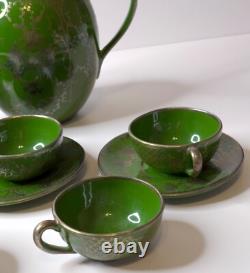 Vintage Art Nouveau Green Silver Overlay Tea Set Lattice Leaves Earthenware READ