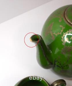 Vintage Art Nouveau Green Silver Overlay Tea Set Lattice Leaves Earthenware READ