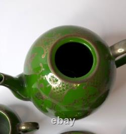 Vintage Art Nouveau Green Silver Overlay Tea Set Lattice Leaves Earthenware READ