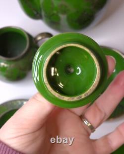 Vintage Art Nouveau Green Silver Overlay Tea Set Lattice Leaves Earthenware READ