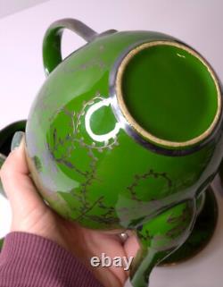 Vintage Art Nouveau Green Silver Overlay Tea Set Lattice Leaves Earthenware READ