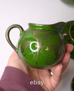 Vintage Art Nouveau Green Silver Overlay Tea Set Lattice Leaves Earthenware READ
