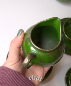 Vintage Art Nouveau Green Silver Overlay Tea Set Lattice Leaves Earthenware READ