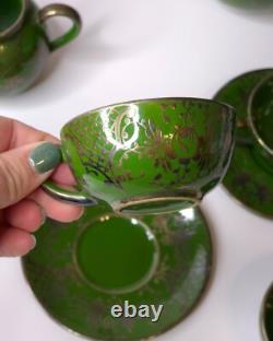 Vintage Art Nouveau Green Silver Overlay Tea Set Lattice Leaves Earthenware READ