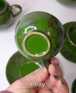 Vintage Art Nouveau Green Silver Overlay Tea Set Lattice Leaves Earthenware READ