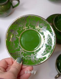 Vintage Art Nouveau Green Silver Overlay Tea Set Lattice Leaves Earthenware READ