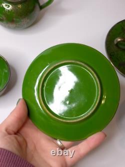 Vintage Art Nouveau Green Silver Overlay Tea Set Lattice Leaves Earthenware READ Vintage Art Nouveau Green Silver Overlay Tea Set Lattice Leaves Earthenware READ