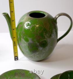 Vintage Art Nouveau Green Silver Overlay Tea Set Lattice Leaves Earthenware READ