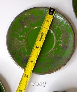 Vintage Art Nouveau Green Silver Overlay Tea Set Lattice Leaves Earthenware READ