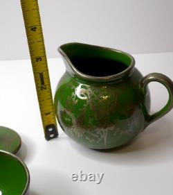 Vintage Art Nouveau Green Silver Overlay Tea Set Lattice Leaves Earthenware READ