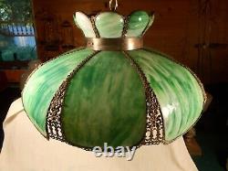 Vintage Art Nouveau Green Slag Curved Glass 8 panel Electric Lamp Shade c1920s