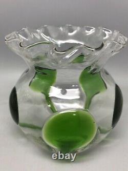 Vintage Art Nouveau James Powell For Whitefriars Green Trailed Glass Bowl C. 1905