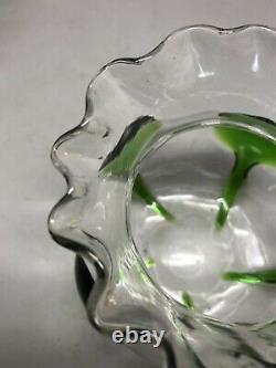 Vintage Art Nouveau James Powell For Whitefriars Green Trailed Glass Bowl C. 1905