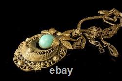 Vintage Art Nouveau Neiger Jade Green Glass Leaf Brass Pendant Necklace
