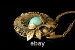 Vintage Art Nouveau Neiger Jade Green Glass Leaf Brass Pendant Necklace