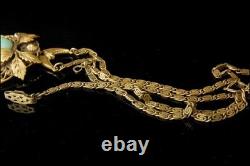 Vintage Art Nouveau Neiger Jade Green Glass Leaf Brass Pendant Necklace