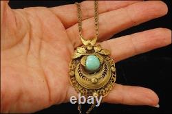 Vintage Art Nouveau Neiger Jade Green Glass Leaf Brass Pendant Necklace