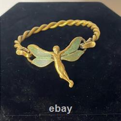 Vintage Art Nouveau Ornate Handmade Green Tinted Brass Twist Band Fairy Bracelet