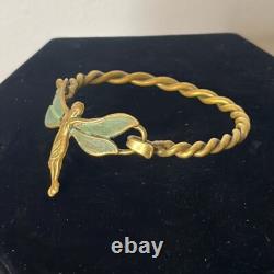 Vintage Art Nouveau Ornate Handmade Green Tinted Brass Twist Band Fairy Bracelet