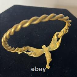Vintage Art Nouveau Ornate Handmade Green Tinted Brass Twist Band Fairy Bracelet