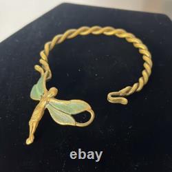 Vintage Art Nouveau Ornate Handmade Green Tinted Brass Twist Band Fairy Bracelet