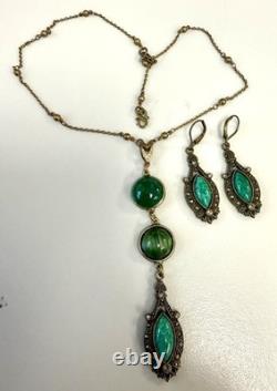 Vintage Art Nouveau Revival Brass Green Czech Glass Necklace Earrings Set