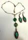 Vintage Art Nouveau Revival Brass Green Czech Glass Necklace Earrings Set