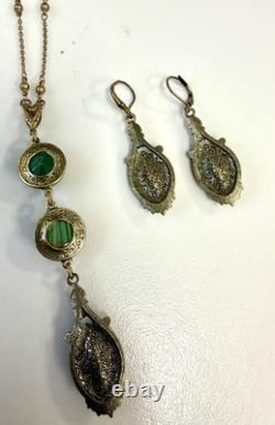 Vintage Art Nouveau Revival Brass Green Czech Glass Necklace Earrings Set