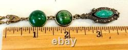 Vintage Art Nouveau Revival Brass Green Czech Glass Necklace Earrings Set