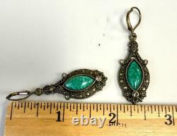Vintage Art Nouveau Revival Brass Green Czech Glass Necklace Earrings Set