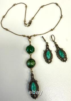 Vintage Art Nouveau Revival Brass Green Czech Glass Necklace Earrings Set