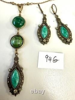 Vintage Art Nouveau Revival Brass Green Czech Glass Necklace Earrings Set