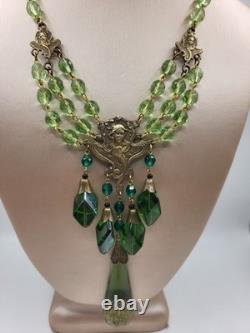 Vintage Art Nouveau Revival Woman Gilded Czech Green Glass Festoon Drop Necklace