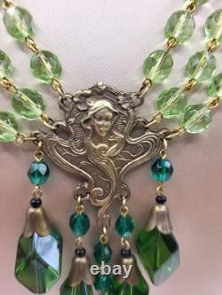 Vintage Art Nouveau Revival Woman Gilded Czech Green Glass Festoon Drop Necklace