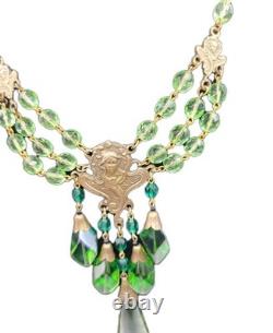 Vintage Art Nouveau Revival Woman Gilded Czech Green Glass Festoon Drop Necklace
