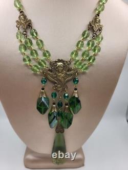 Vintage Art Nouveau Revival Woman Gilded Czech Green Glass Festoon Drop Necklace
