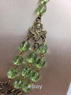 Vintage Art Nouveau Revival Woman Gilded Czech Green Glass Festoon Drop Necklace