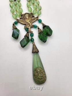 Vintage Art Nouveau Revival Woman Gilded Czech Green Glass Festoon Drop Necklace