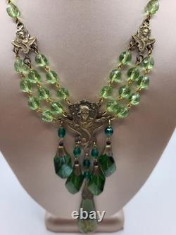 Vintage Art Nouveau Revival Woman Gilded Czech Green Glass Festoon Drop Necklace