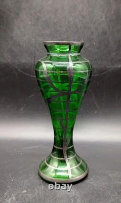 Vintage Art Nouveau Silver Overlay Green Art Glass Bud Vase 6 Bohemian