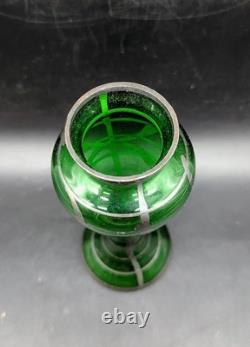 Vintage Art Nouveau Silver Overlay Green Art Glass Bud Vase 6 Bohemian