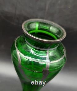 Vintage Art Nouveau Silver Overlay Green Art Glass Bud Vase 6 Bohemian