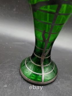 Vintage Art Nouveau Silver Overlay Green Art Glass Bud Vase 6 Bohemian