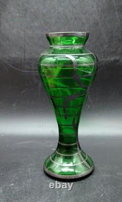 Vintage Art Nouveau Silver Overlay Green Art Glass Bud Vase 6 Bohemian